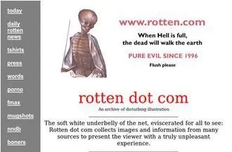 Small screenshot of the Rotten.com homepage, with a grey navigation menu, anatomical figure and the site's red wordmark.