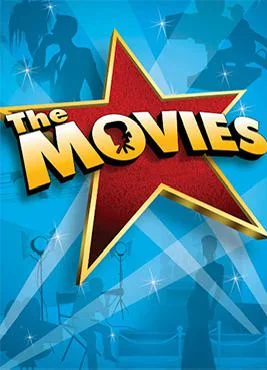 The Movies game logo in yellow lettering across a large red star on a blue background patterned with film-industry silhouettes.