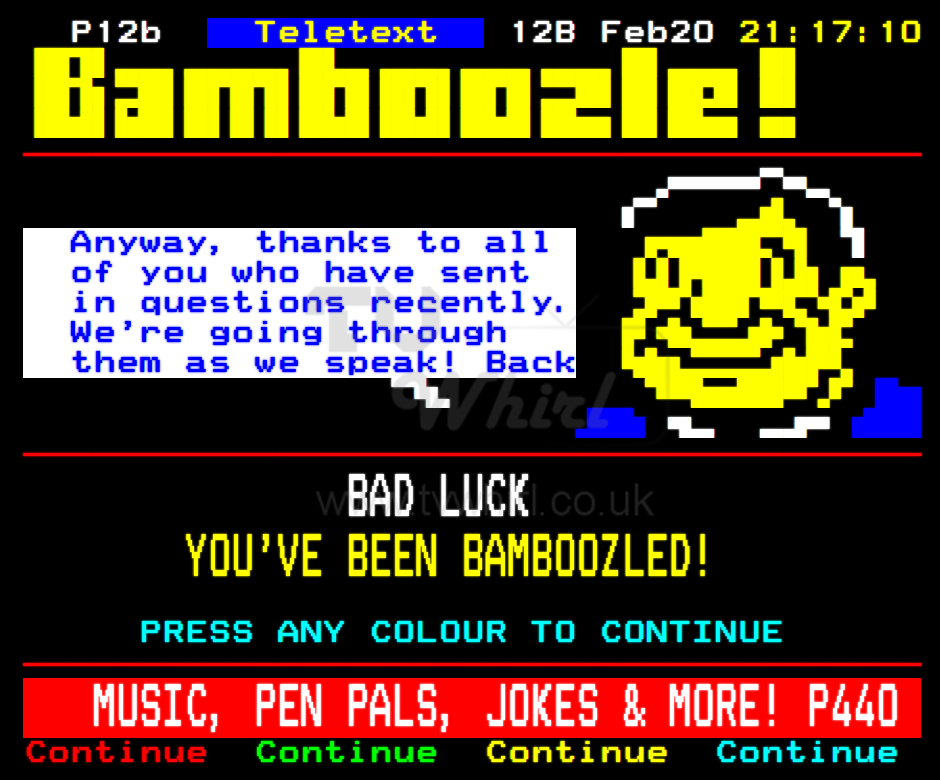 Colourful Teletext screen for the quiz Bamboozle, featuring blocky yellow lettering, a pixelated host and colour-button instructions.