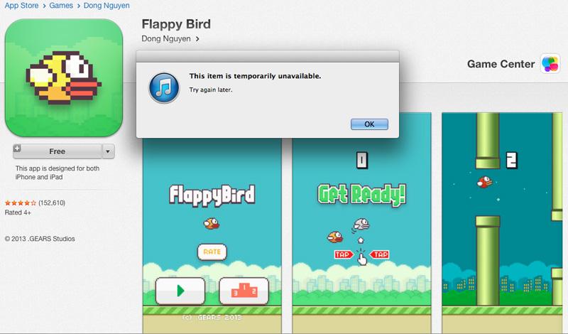 Flappy Bird's App Store listing with gameplay screenshots and a pop-up stating that the item is temporarily unavailable.
