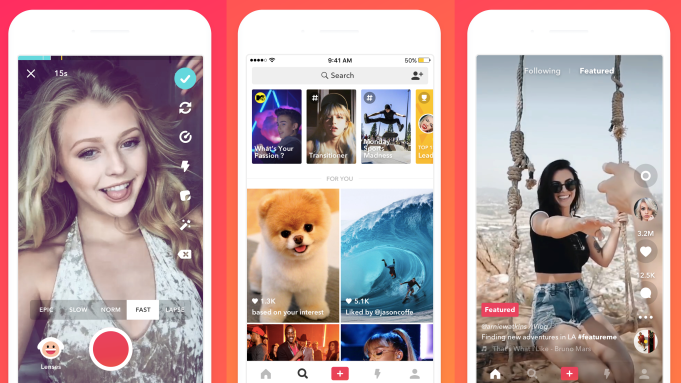Three smartphone mock-ups showing musical.ly's selfie recording screen, content discovery grid and vertical featured-video feed.