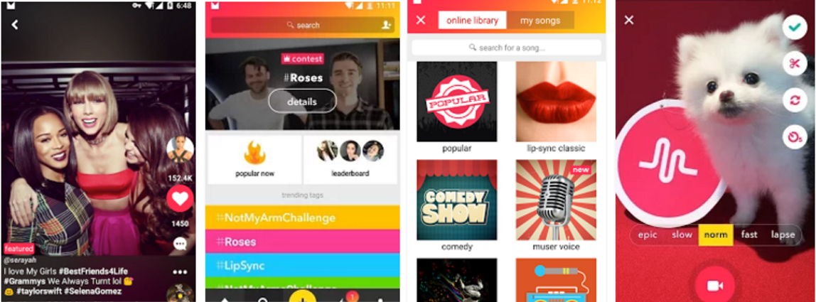 Four musical.ly app screenshots showing a featured celebrity video, trending challenges, song categories and a puppy recording screen.