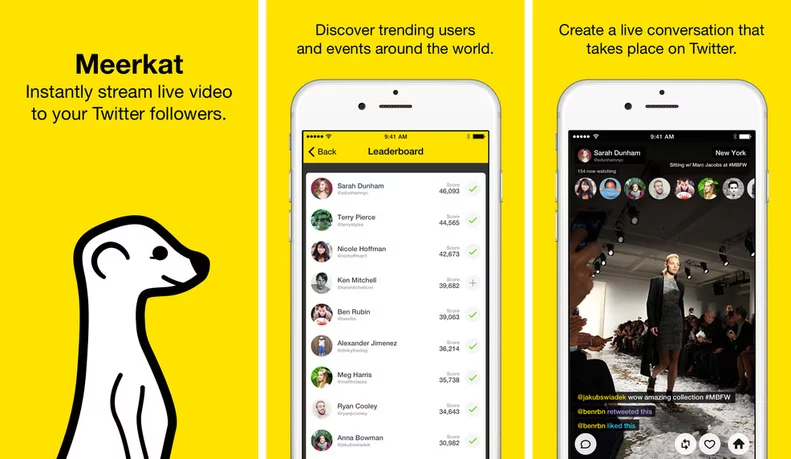 Yellow Meerkat promotional graphic with its illustrated mascot and two smartphone screens showing a leaderboard and a fashion live stream.