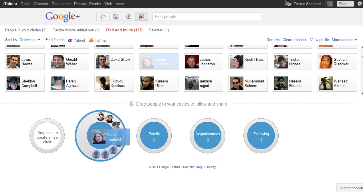 Google+ Find and Invite screen showing rows of named contacts and a selected profile being dragged into a blue social circle.