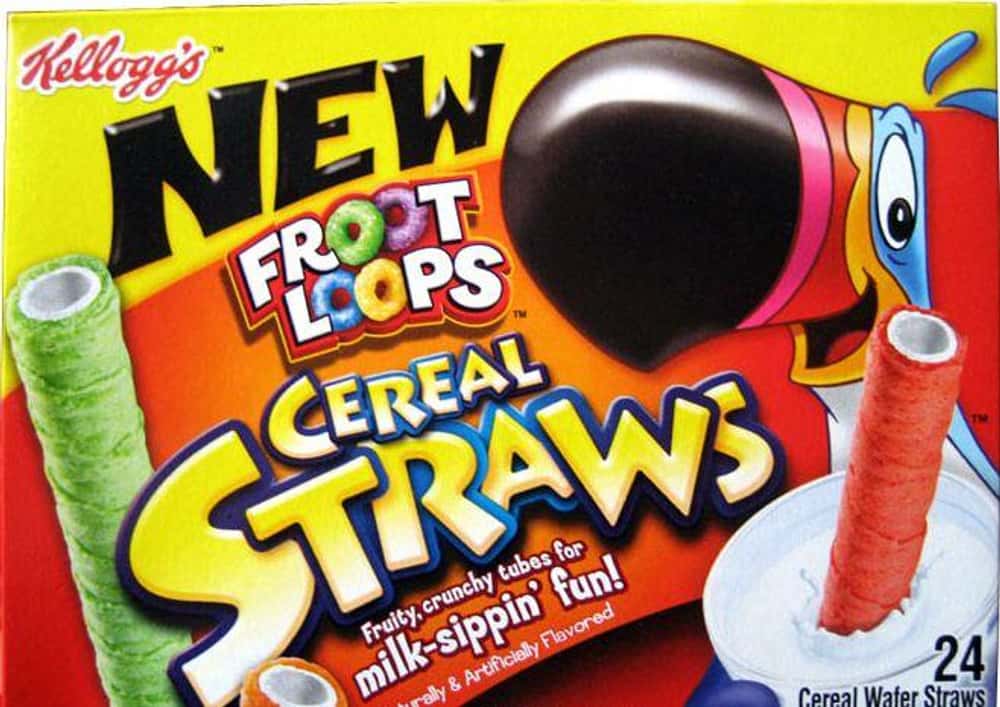 Bright Kellogg's Froot Loops Cereal Straws box featuring Toucan Sam, two hollow cereal tubes and milk-sipping product text.