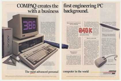 Two-page Compaq computer advertisement showing an early desktop PC, keyboard and mouse surrounded by technical marketing copy.