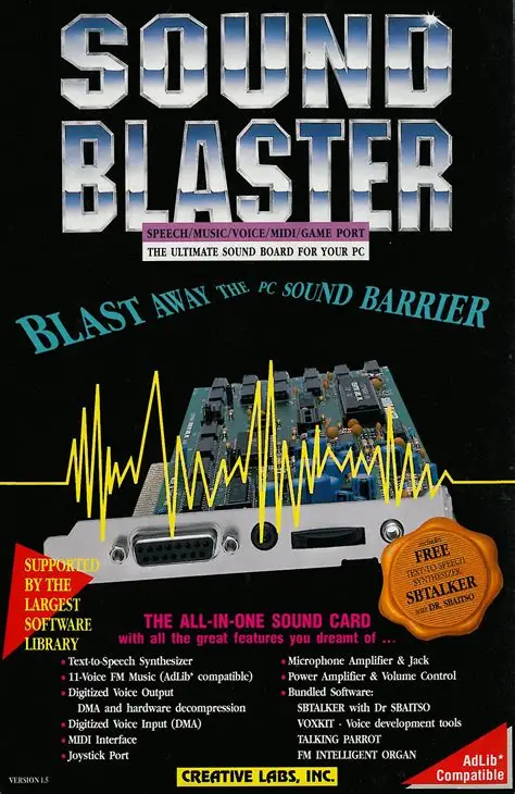 Creative Labs Sound Blaster advertisement featuring a PC sound card, waveform graphic and large metallic product lettering.