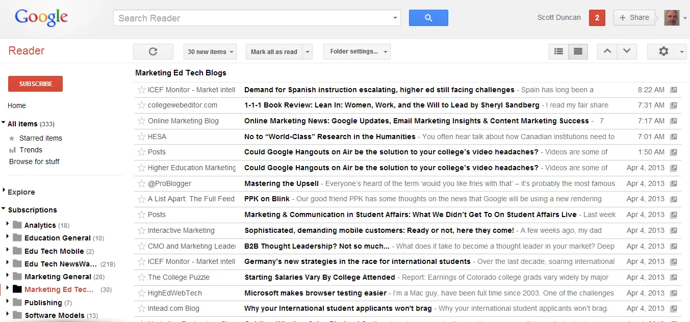 Screenshot of the Google Reader web interface showing subscription folders and a list of unread articles.