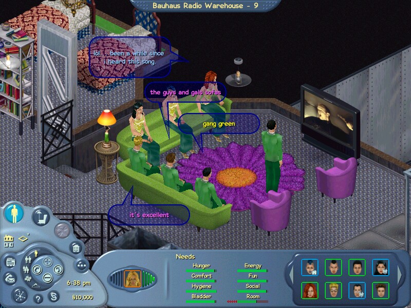 The Sims Online gameplay screenshot of several avatars talking around curved sofas in a colourful furnished room.