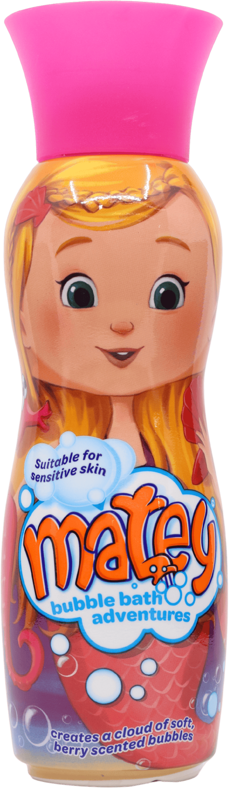 A later Matey Molly bubble-bath bottle with a pink cap and a character face.