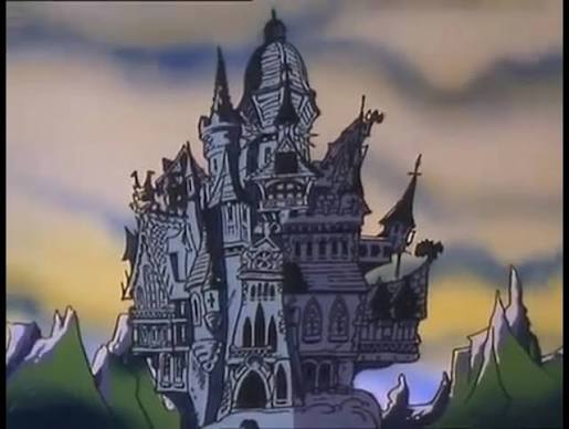 Count Duckula's tall, crooked gothic castle standing among jagged mountains beneath a cloudy sky.