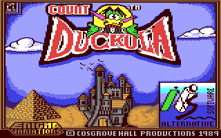 Pixel-art Count Duckula computer game title screen with the castle between Egyptian pyramids and a city skyline.