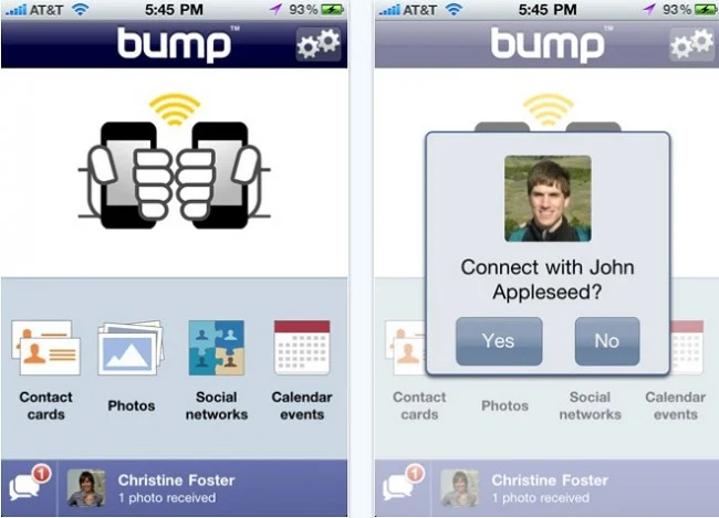 Two screenshots of the Bump app showing sharing options and a prompt to connect with another user.