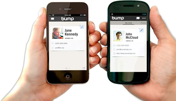 Two hands hold an iPhone and another smartphone side by side, each displaying a Bump contact card.