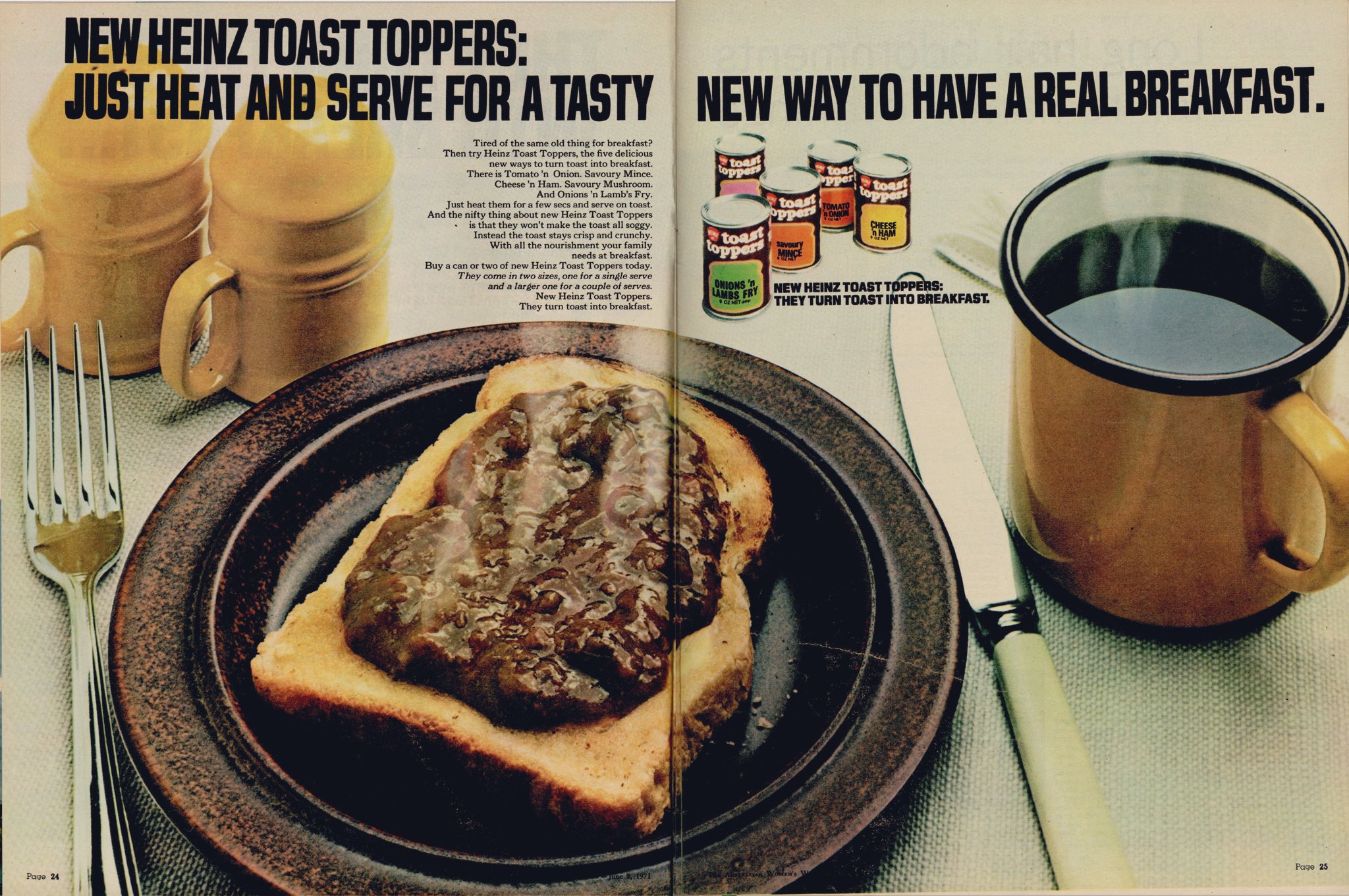 Two-page vintage Heinz Toast Toppers advertisement with topped toast, mugs and five flavour cans.