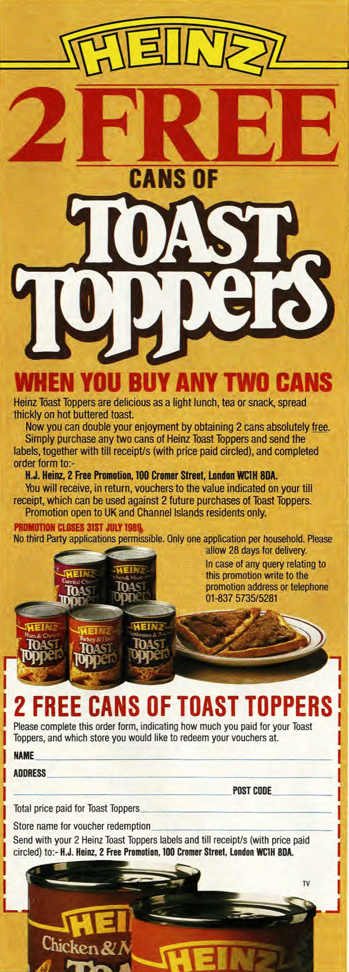 Yellow Heinz promotion offering two free cans of Toast Toppers when buying any two cans, with product images and an order form.