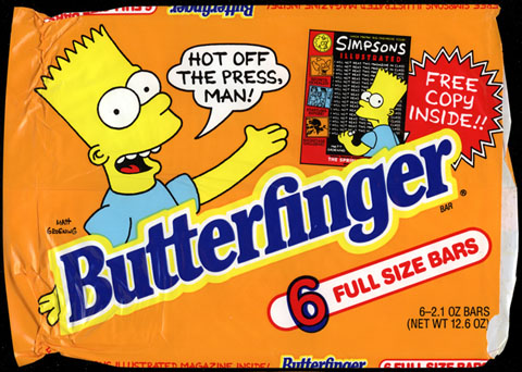 Orange Butterfinger multipack wrapper featuring Bart Simpson and advertising six full-size bars with a free comic inside.