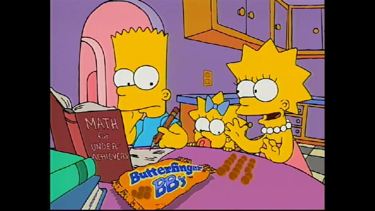 The Simpsons cartoon scene with Bart studying beside Lisa and Maggie, with a Butterfinger BB's packet on the table.