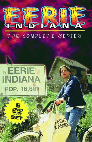 Eerie, Indiana complete-series five-DVD box artwork showing a boy and bicycle beside the town sign.