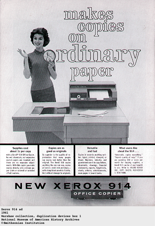1961 advertisement for the Xerox 914 office copier with the headline 'makes copies on ordinary paper'.
