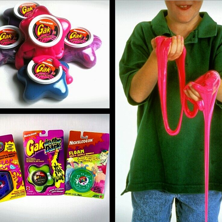 Collage of Nickelodeon Gak tubs, packaged variants and a child stretching long strands of pink slime.