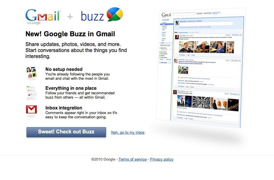 2010 Google Buzz welcome page in Gmail describing social updates, conversations and inbox integration.