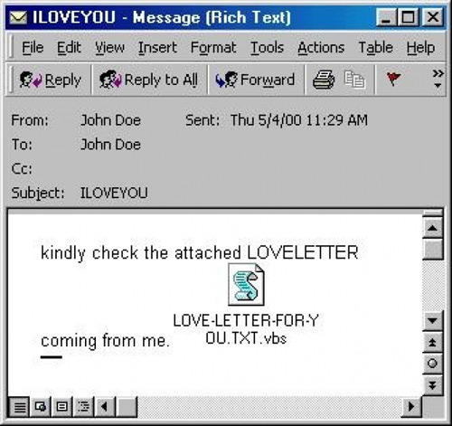 Windows email titled ILOVEYOU containing the message 'kindly check the attached LOVELETTER' and a VBS attachment.