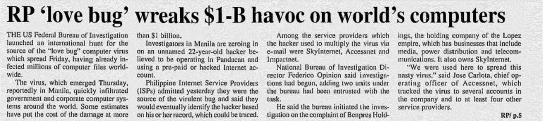 Newspaper clipping headlined 'RP love bug wreaks $1-B havoc on world's computers'.