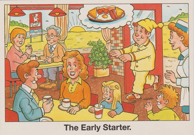 Illustrated Little Chef Early Starter placemat showing a family and chef inside the restaurant.
