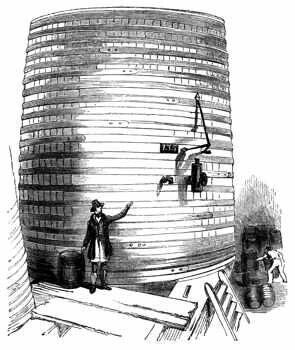 Engraving of workers inspecting an enormous wooden brewery vat.