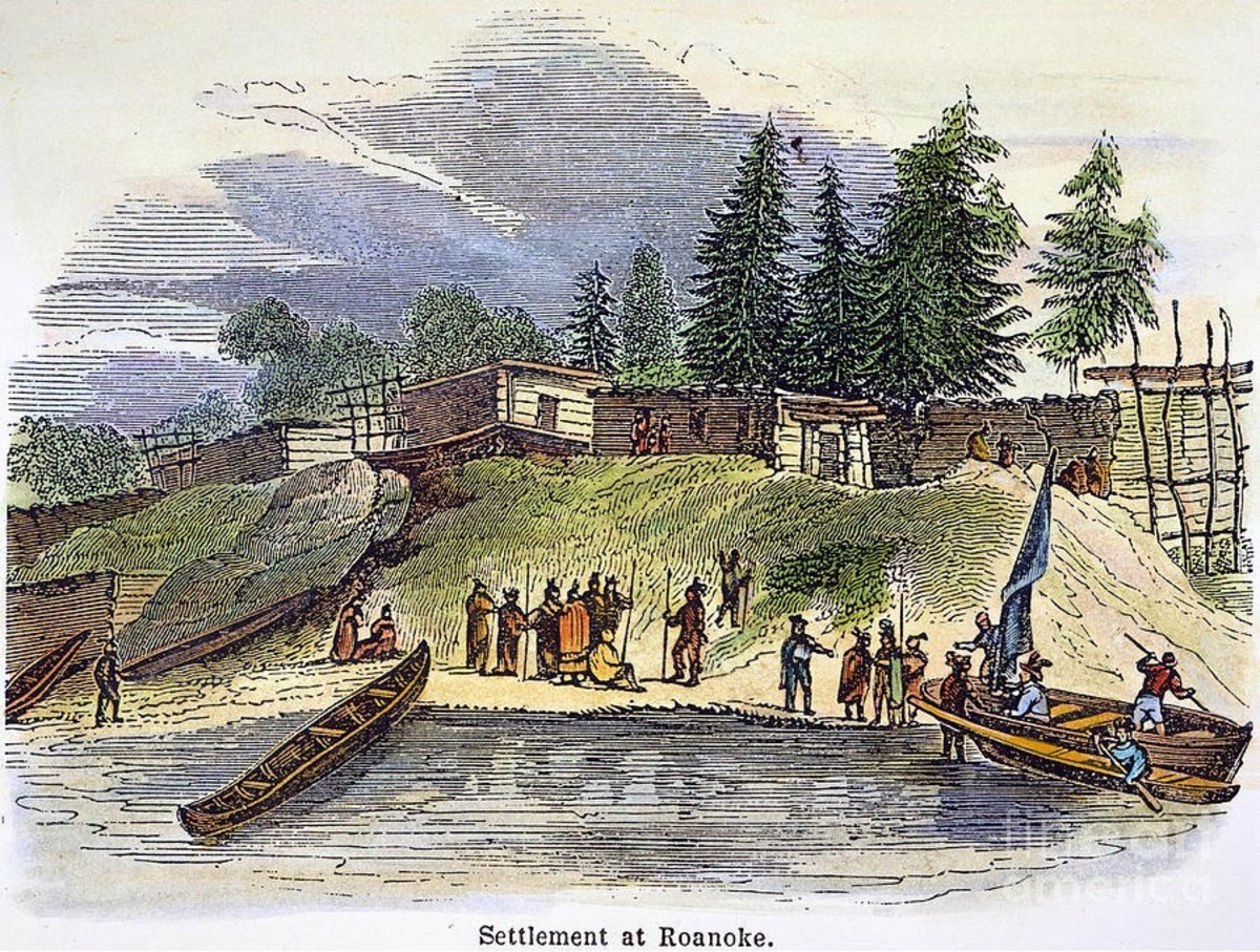 Colour engraving titled 'Settlement at Roanoke' showing colonists arriving by boat at a fortified settlement.
