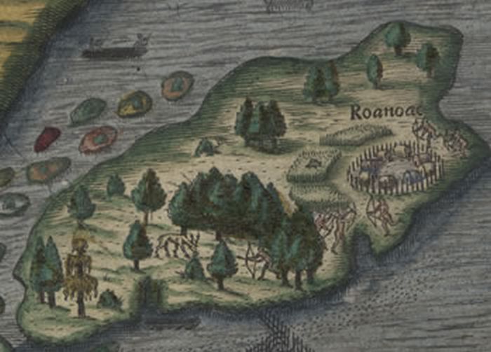 Detail from an early map showing Roanoke island, trees, buildings and a palisaded settlement.