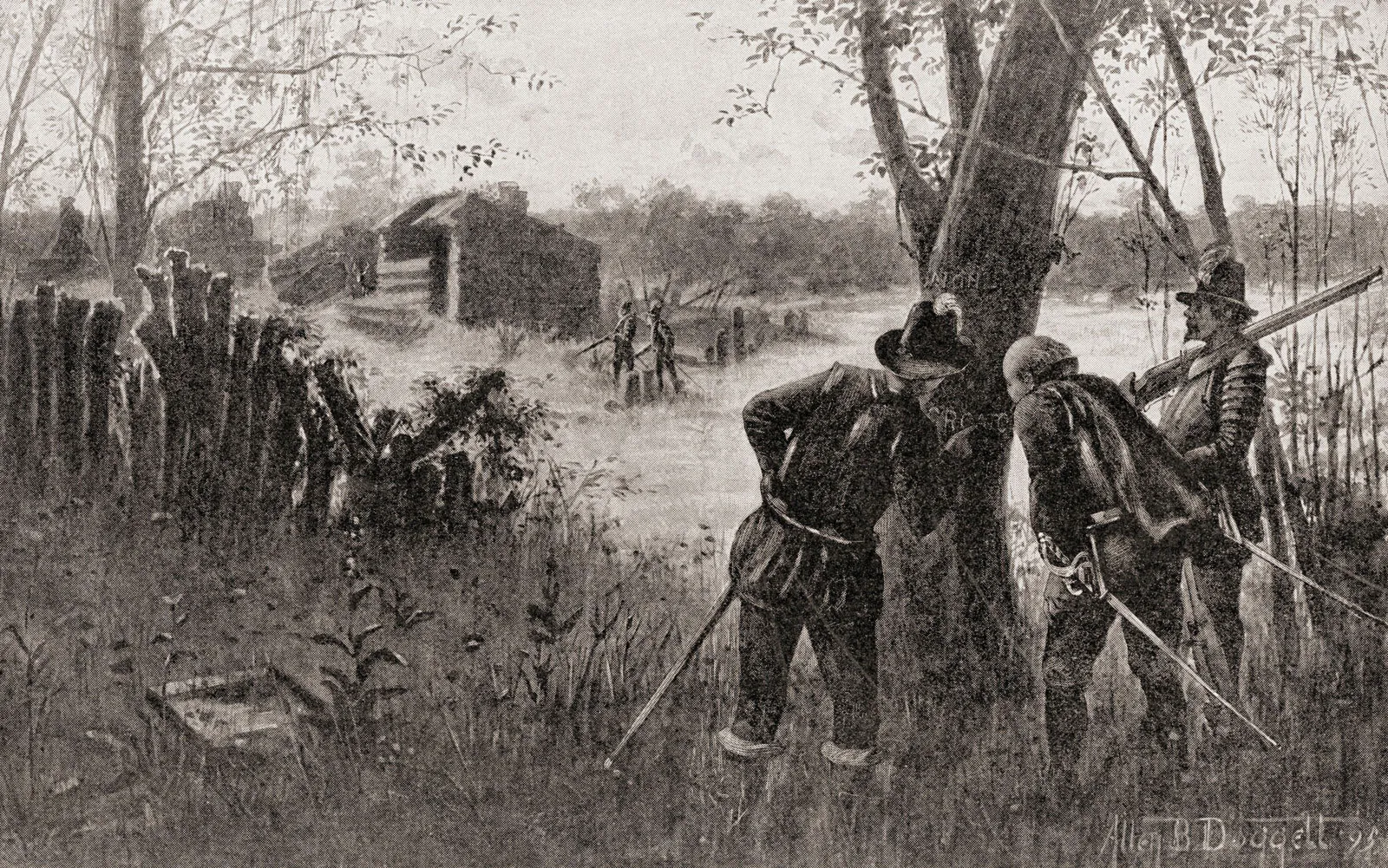 Black-and-white illustration of armed colonists examining a tree near an abandoned settlement.