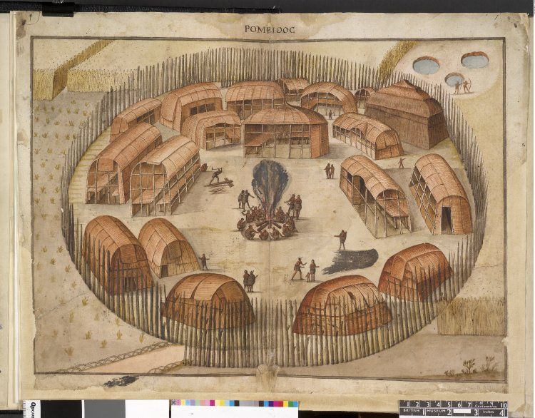 Historic illustration of the palisaded Native settlement of Pomeiooc with rounded houses around a central fire.