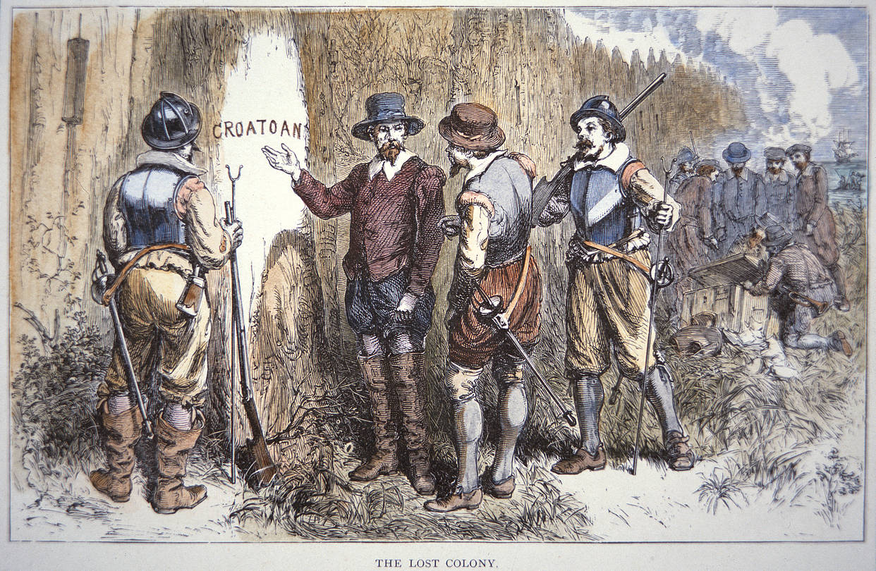 Colour engraving of colonists discovering the word 'CROATOAN' carved into a tree at the abandoned colony.