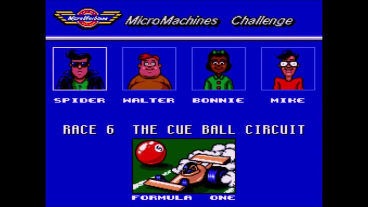 Micro Machines Challenge race-selection screen for the Cue Ball Circuit with four character portraits.