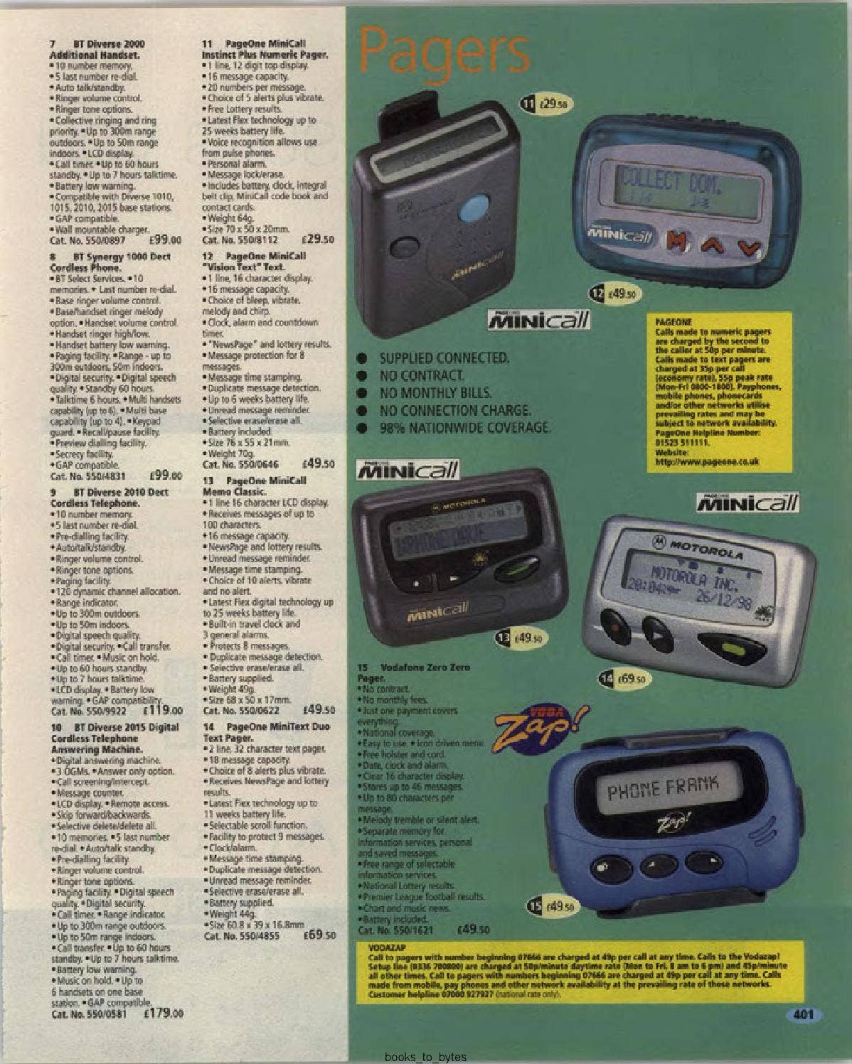 Scanned catalogue page titled “Pagers,” showing several pager models with product descriptions, prices and network advertisements.