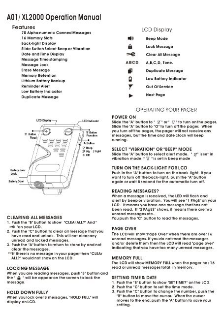 Black-and-white operation manual page for an A01/XL2000 pager, with a labeled line drawing of the pager, a feature list, LCD icon key, and instructions for powering on, selecting vibration or beep mode, reading and clearing messages, locking messages, setting time and date, and other functions.
