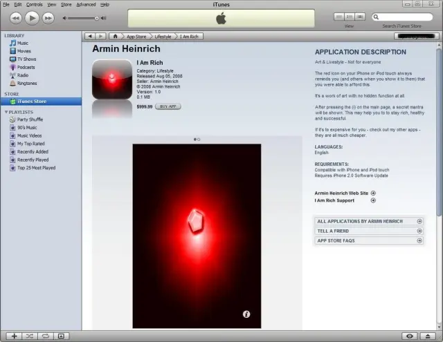 iTunes window displaying the App Store page for “I Am Rich” by Armin Heinrich, with the red ruby icon, $999.99 price, release date, app description and a large ruby-screen screenshot.