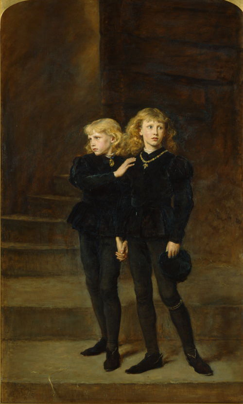 Vertical Victorian-style painting of two blond boys in black doublets and hose standing close together in a dim stone interior; the smaller boy touches the older boy’s shoulder, and the older boy holds a black cap.