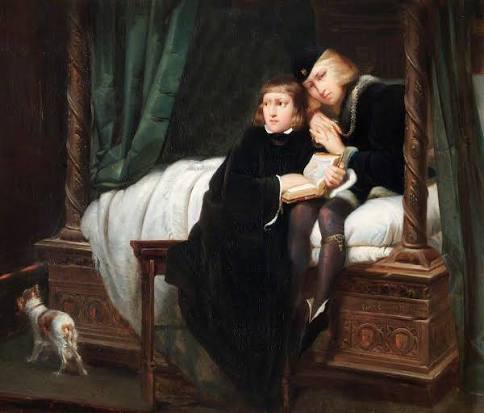 Painting of two boys in black clothing seated on a curtained bed, one holding an open book, with a small white-and-brown dog standing beside the bed.