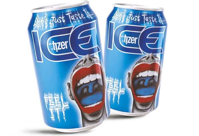 Two blue Tizer Ice cans on a white background, shown at slight angles. Each can has large white 'ICE' lettering, small Tizer branding, the words 'Don’t Just Taste It' around the rim, and an open mouth graphic.