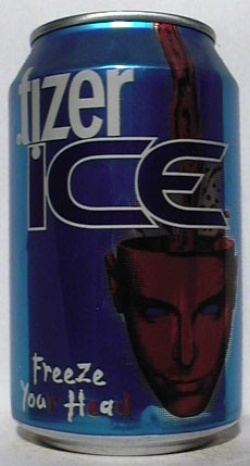 A single blue Tizer Ice can photographed upright against a pale grey background. The can reads 'tizer ICE' and 'Freeze You Head' and shows a red stylised face graphic.