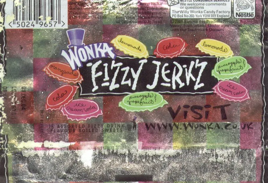 Close-up of the back of a crinkled, glittery multicolored Wonka Fizzy Jerkz sweets packet. A large black label reads “Wonka Fizzy Jerkz,” surrounded by illustrated flavour labels including lemonade, cola, orangeade, pineapple grapefruit, pineapple peppermint, and ice cream soda.