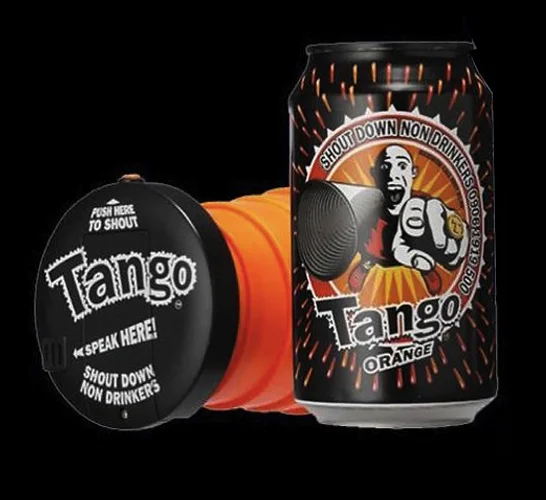 Black-background product image of an orange Tango megaphone with a black circular end cap beside a black Tango Orange can; the cap reads “Push here to shout” and “Speak here!”
