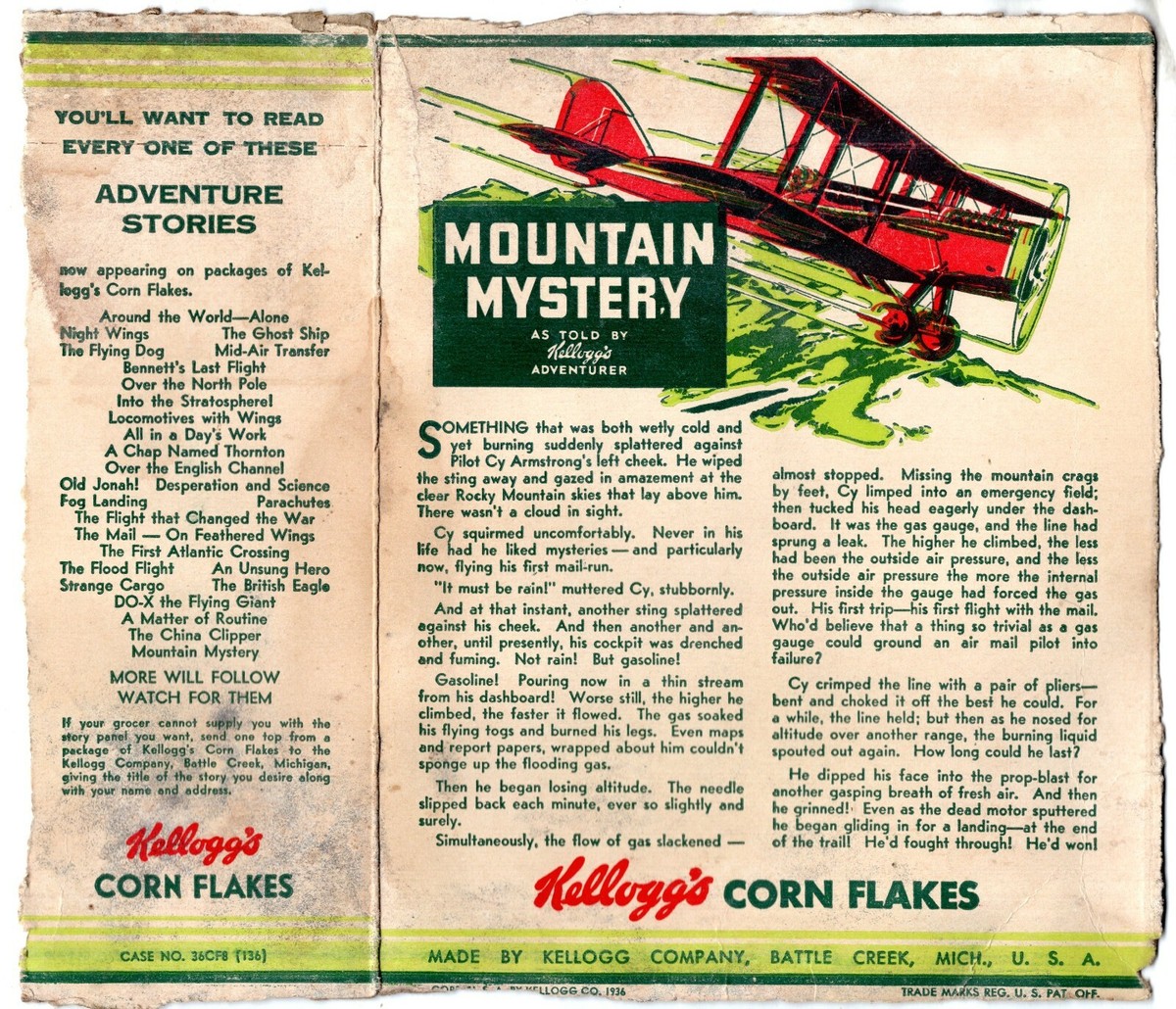 A flattened Kellogg’s Corn Flakes carton back shows a red biplane over green mountains and the title “Mountain Mystery.” The panel contains story text, a list of adventure stories and Kellogg’s Corn Flakes branding along the bottom edge.