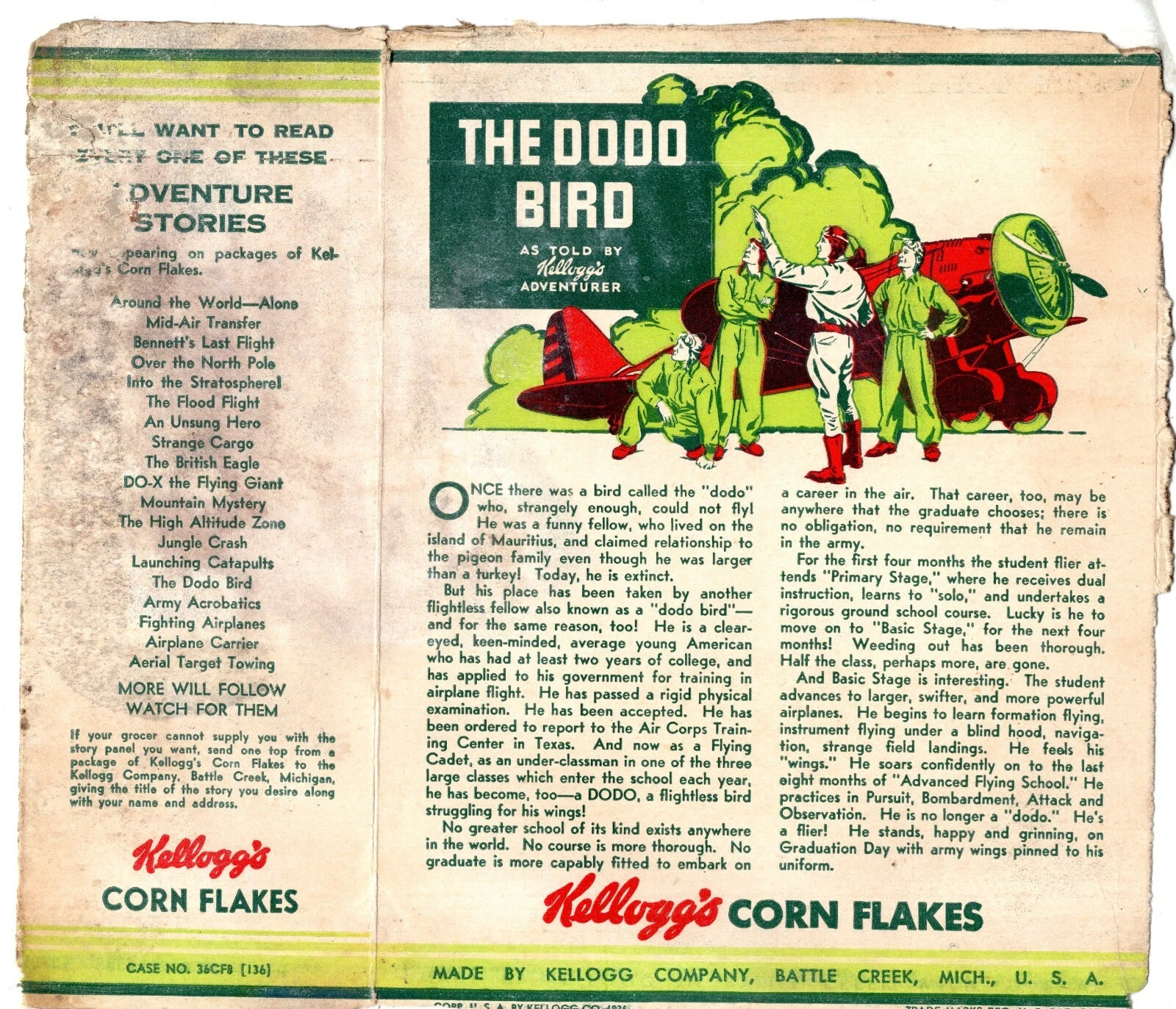 Worn Kellogg's Corn Flakes package panel printed in red, green, and black, titled "The Dodo Bird." An illustration shows four uniformed men beside a red airplane, with story text below and a partially worn list of Kellogg's adventure stories at left.