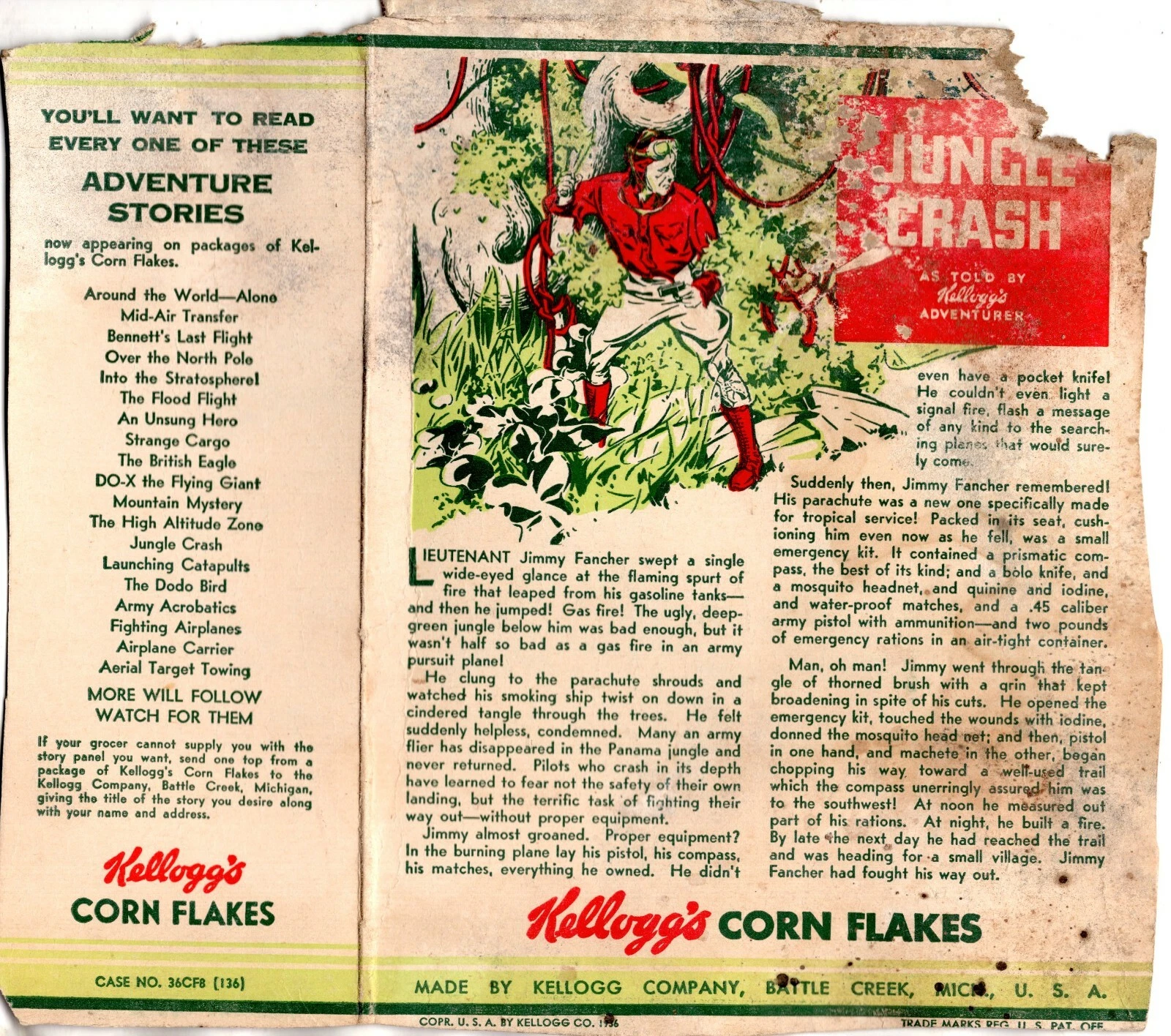 Worn flattened Kellogg's Corn Flakes carton back headed "Jungle Crash," with a red-and-green illustration of a man in jungle vegetation, columns of story text, a left-side list of adventure stories, and Kellogg's Corn Flakes branding along the bottom.