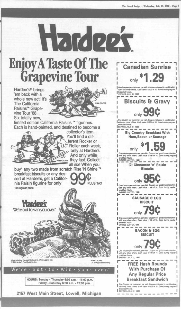 Black-and-white Hardee’s newspaper advertisement headed “Enjoy A Taste Of The Grapevine Tour,” with illustrated California Raisins characters, a 99-cent figurine offer, breakfast-food illustration, coupons, and a July 13, 1988 newspaper masthead.