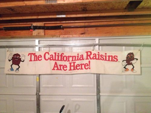 A white banner hung above a garage door reads "The California Raisins Are Here!" in red letters, with a small raisin character illustration at each end.